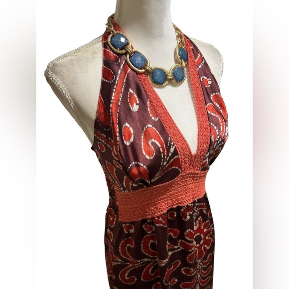 Uluwatu bohemian halter maxi dress | brown silky crochet dress | size medium - Picture 3 of 9